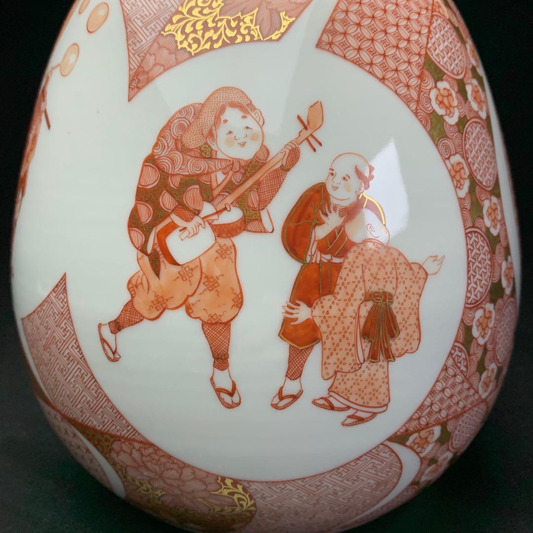 【福島武山 作】九谷焼 名工 『赤絵 江戸まつり』 九谷佐野窯 花瓶 共布 共箱