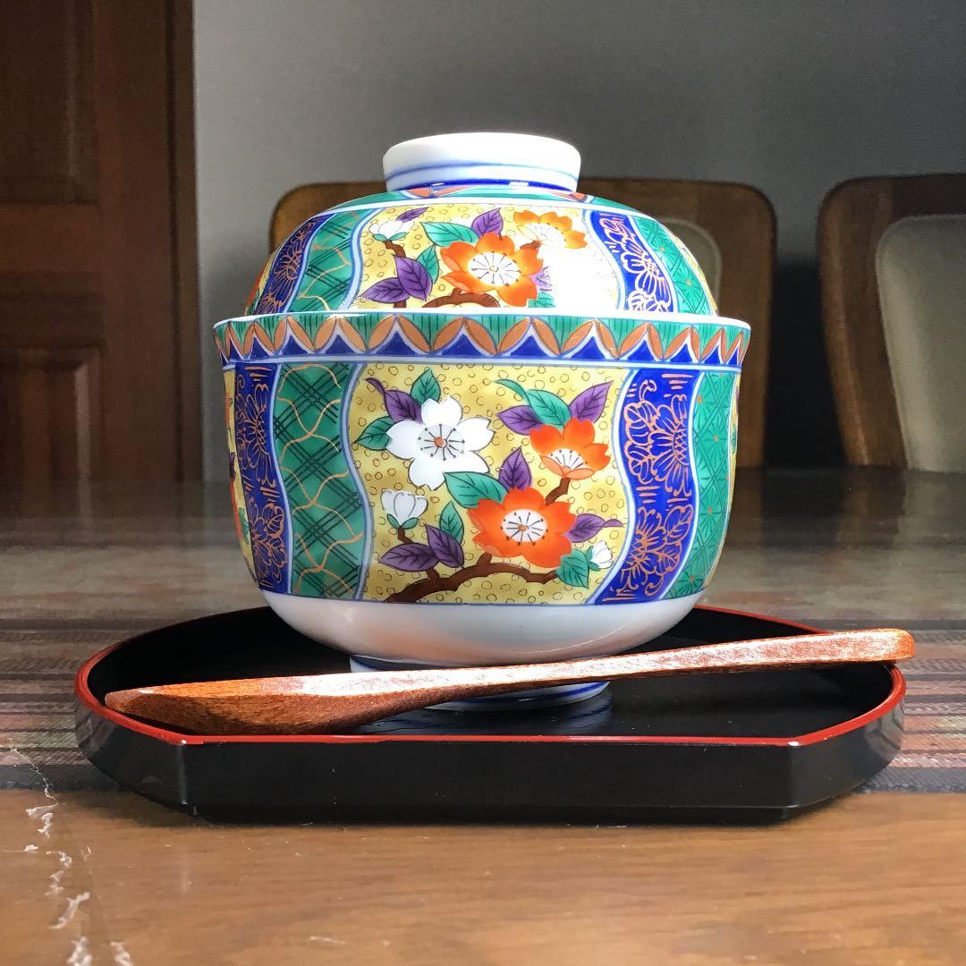 『なんでもうー特価』　有田焼　南山　金彩　茶碗蒸し器　お盆　スプーン　5組