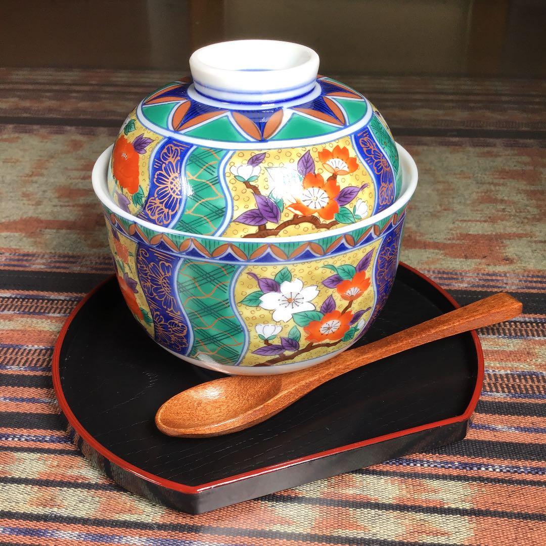 『なんでもうー特価』　有田焼　南山　金彩　茶碗蒸し器　お盆　スプーン　5組