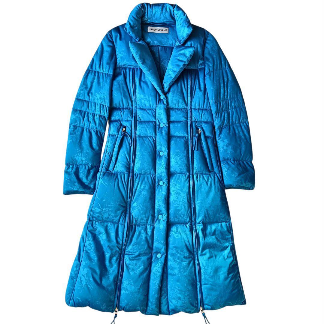 【イッセイミヤケ】ロングダウンコート ブルー 総柄 サイズ2