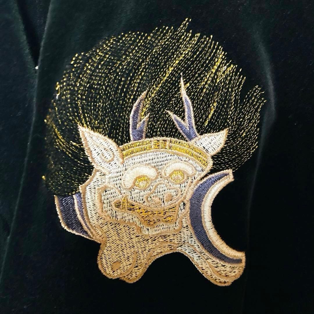風神雷神 刺繍 ベロア スカジャン Lサイズ 和柄 豪華刺繍 ラグラン 古着
