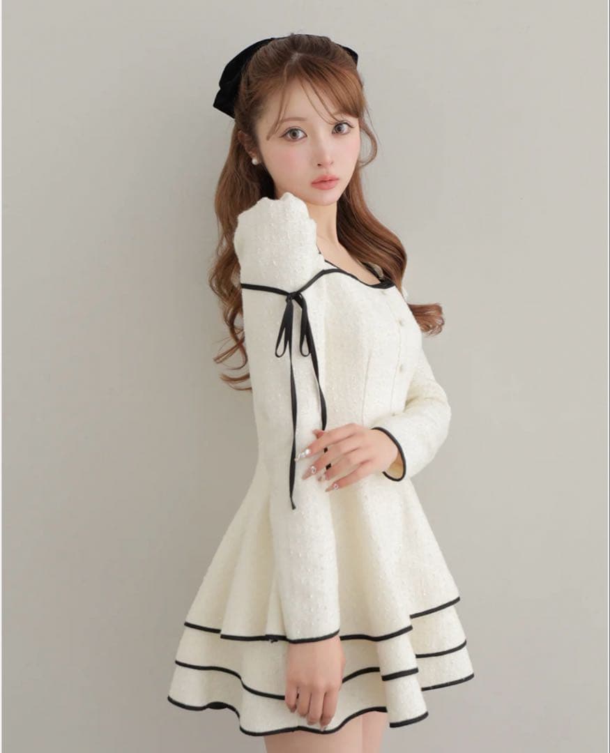 ワンピース Mme eme Ribbon trim tweed mini onepiece