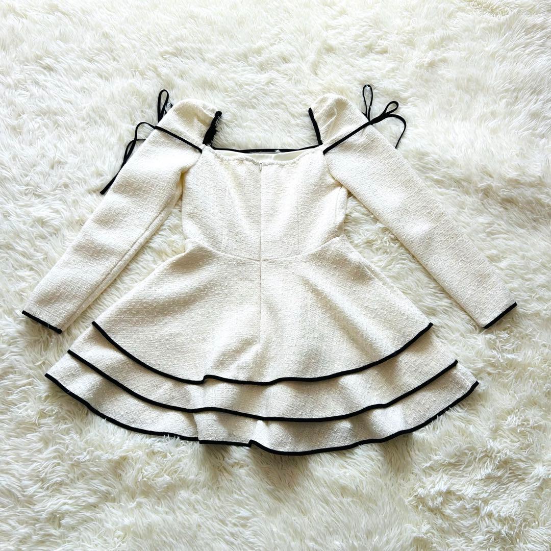 ワンピース Mme eme Ribbon trim tweed mini onepiece