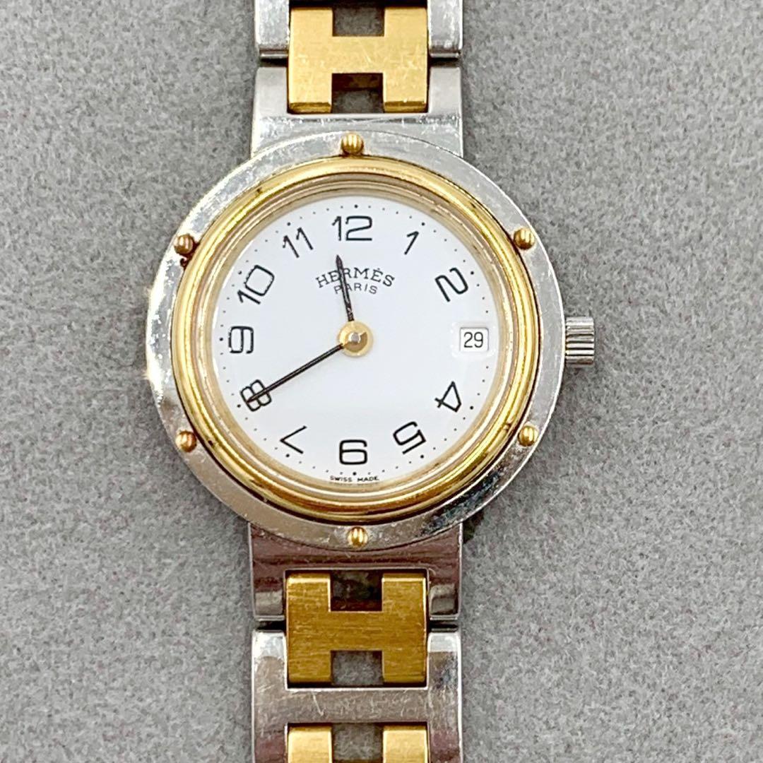 美品 エルメス クリッパー コンビ 白文字盤 デイト 腕時計 ラウンドフェイス
