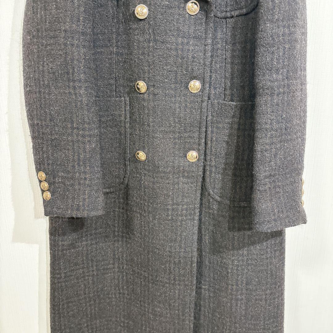 sandro ダブルブレスト　ロングコート　ロゴ金ボタン　チェック　美シルエット