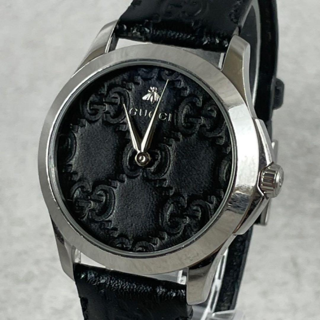 【正規品】GUCCI グッチ 腕時計 GG柄 ブラック シマレザー クォーツ 蜂