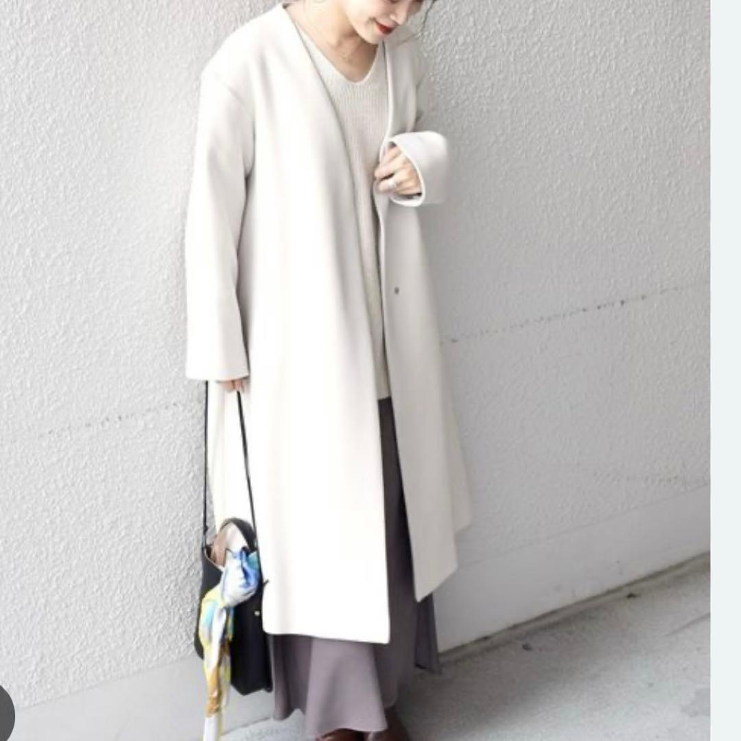 【美品】SHIPSノーカラーロングコート Bellandi ホワイト 40