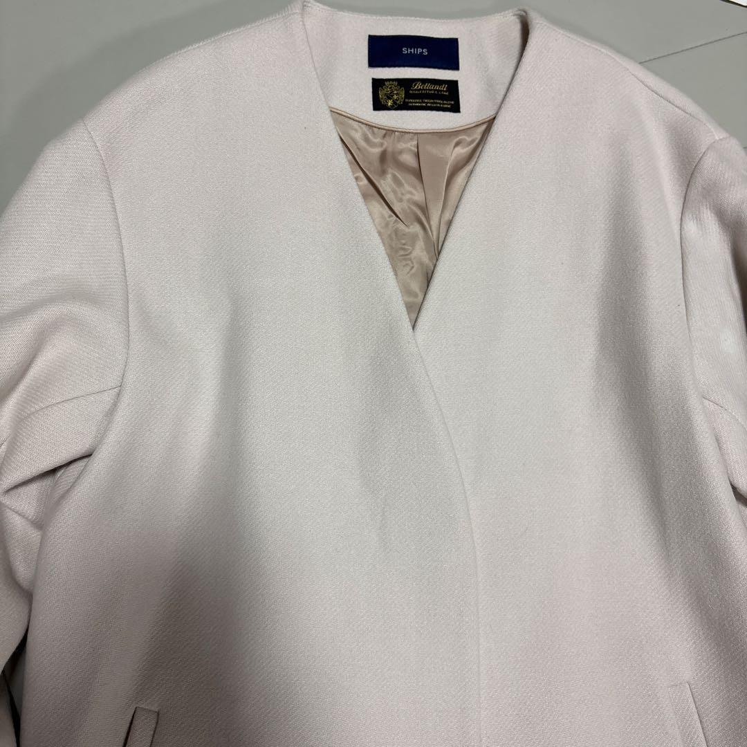 【美品】SHIPSノーカラーロングコート Bellandi ホワイト 40