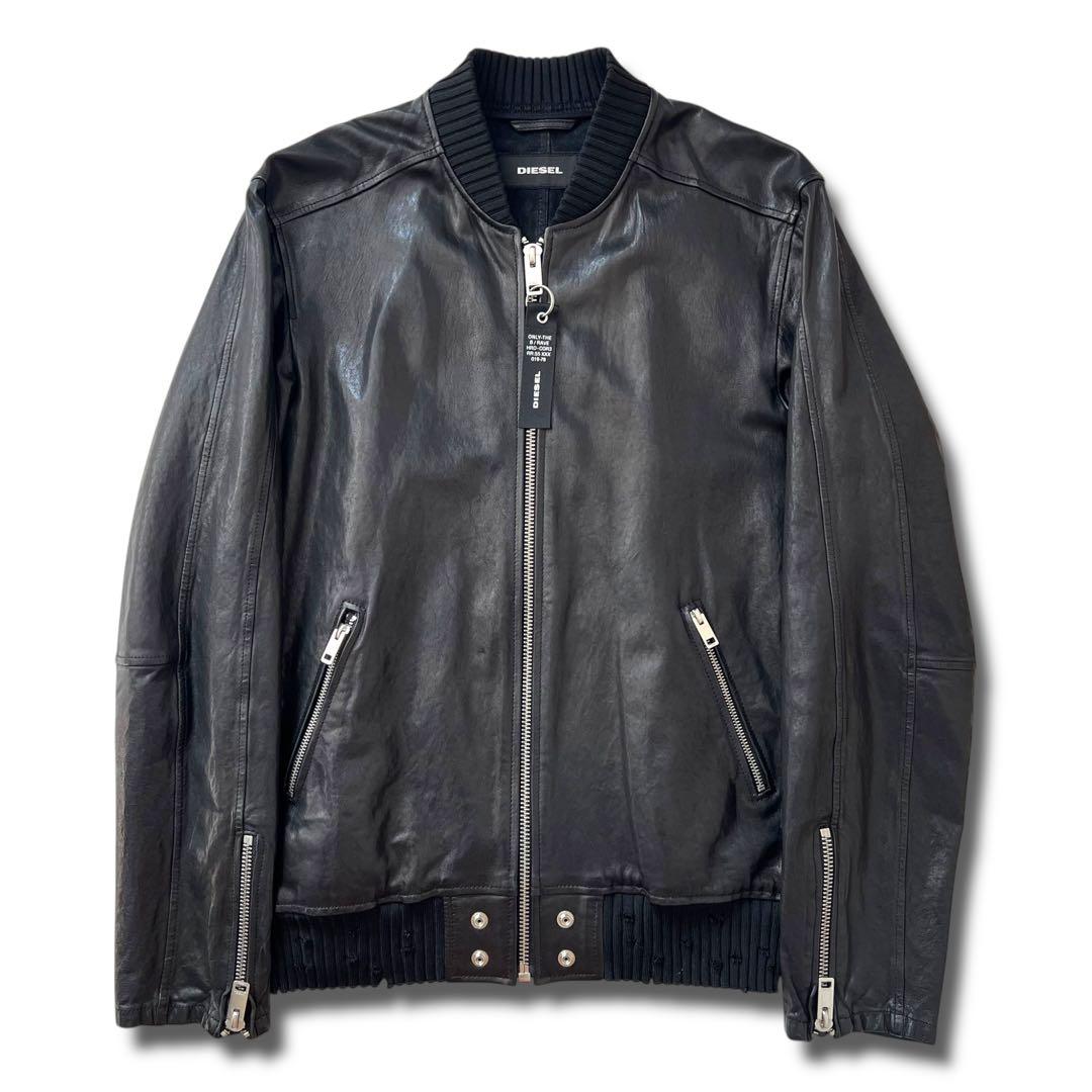 良品 DIESEL ラムレザー ボンバー ジャケット M リブ ダメージ加工