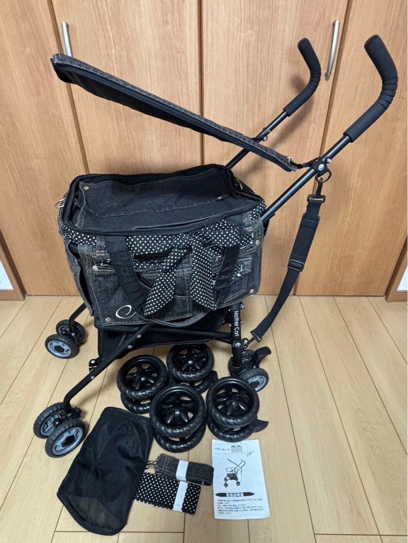 SALE希少美品マザーカートミニバギードットパターンデニム犬猫キャリー散歩バッグ