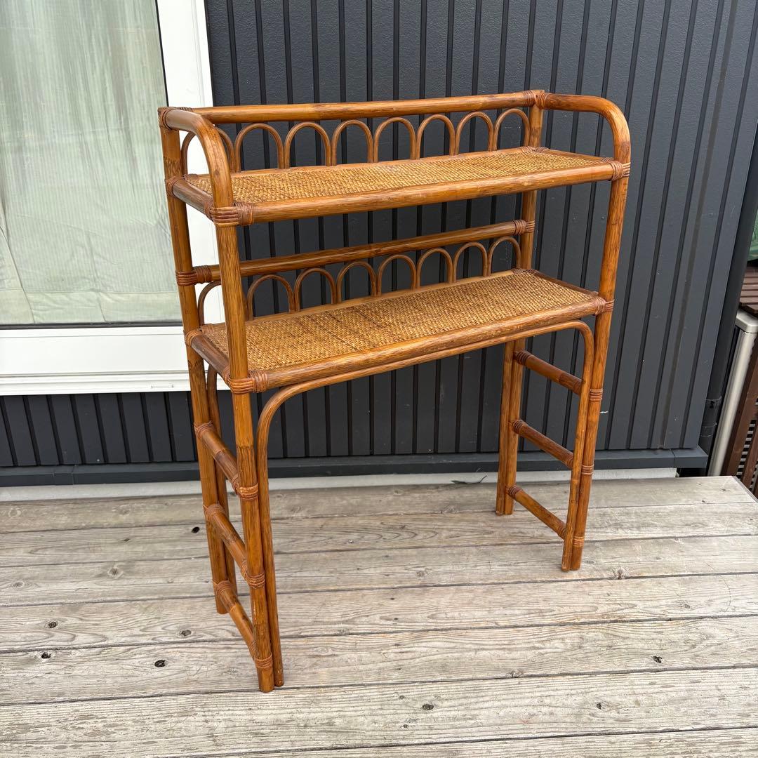 昭和レトロ 籐家具 ラタン 2段オープンシェルフ 飾り棚 フラワーラック 古家具