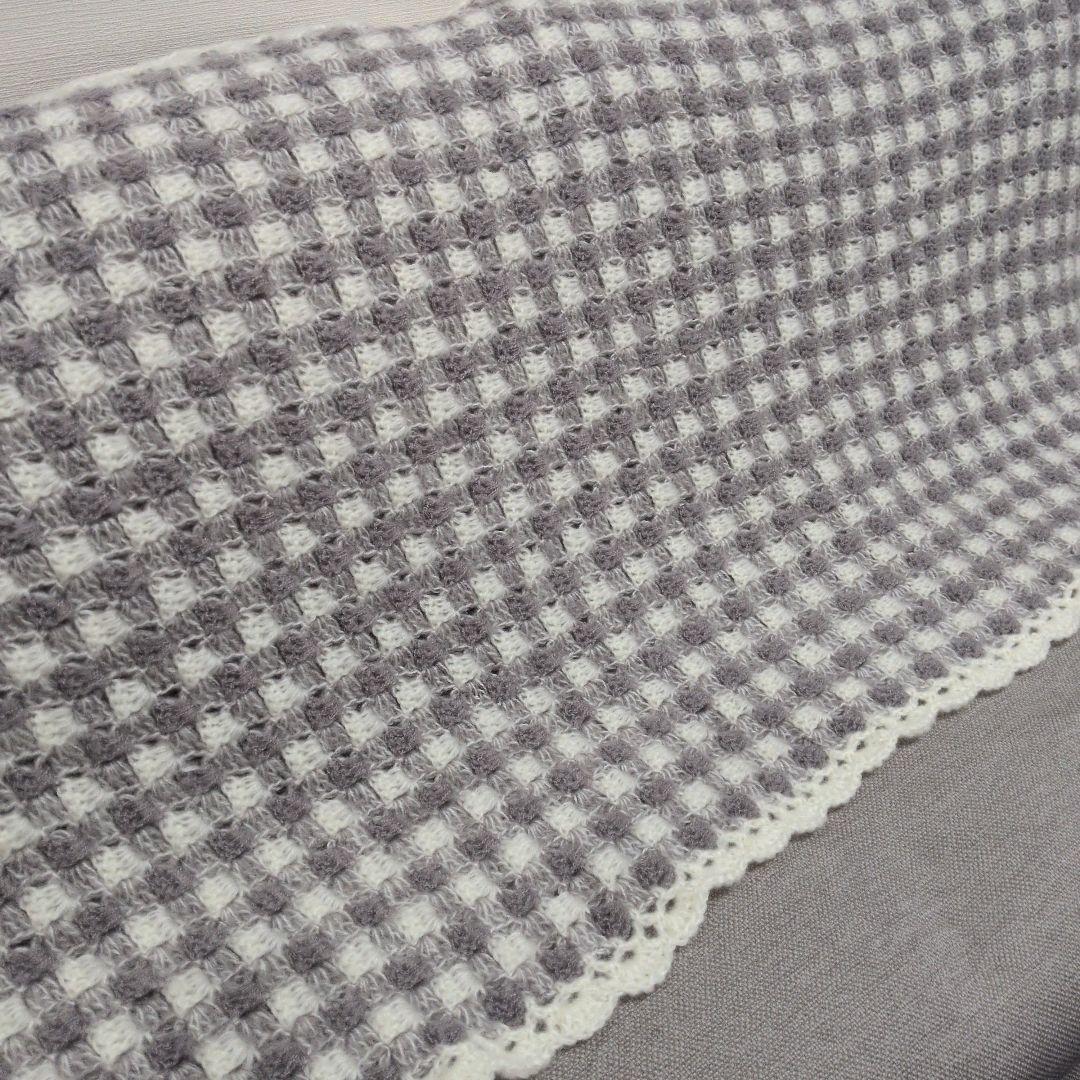 ギンガムチェック柄 手編みブランケット マルチカバー ひざ掛け