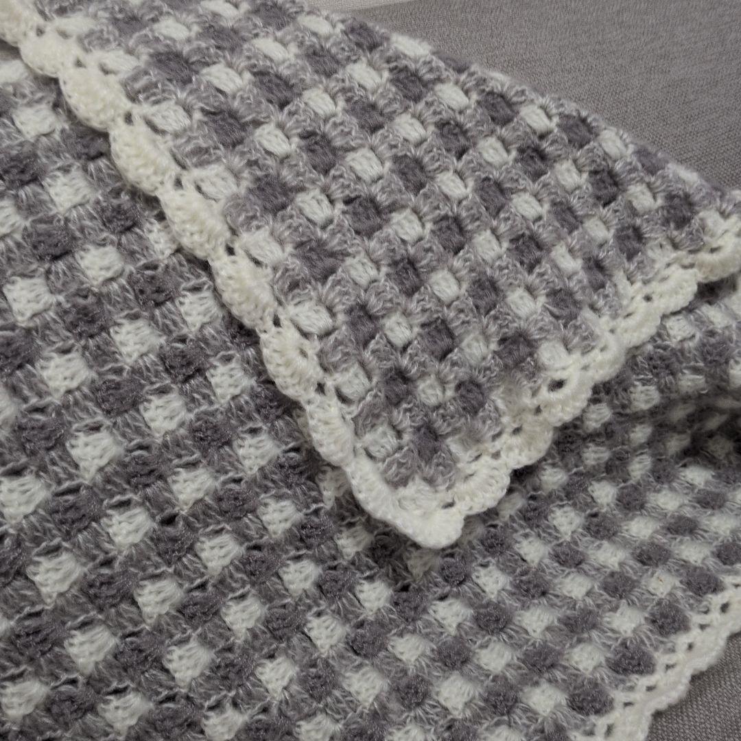 ギンガムチェック柄 手編みブランケット マルチカバー ひざ掛け