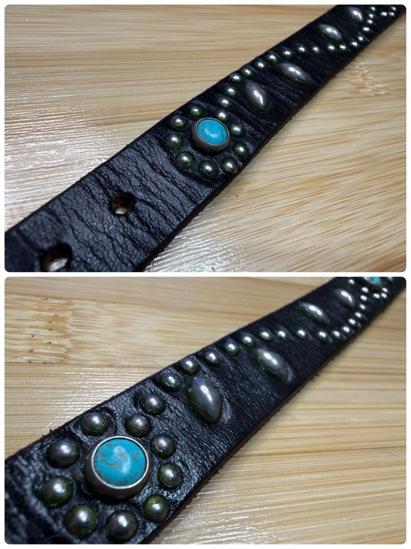 美品⭐️HTC⭐️ナローベルト⭐️フラワーターコイズ⭐️ブラックレザー(茶芯)⭐️34