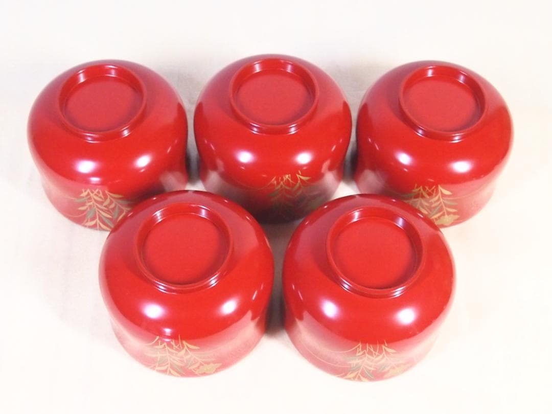 【美品】輪島塗 西久保田漆器店 朱塗 桔梗蒔絵 小吸物椀 5客 瓢型 漆器/食器