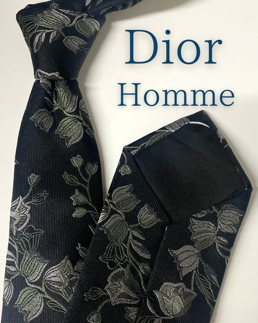 美品 ディオールオム ネクタイ ハイブランド 鈴蘭 花柄 ブラック 刺繍 激レア