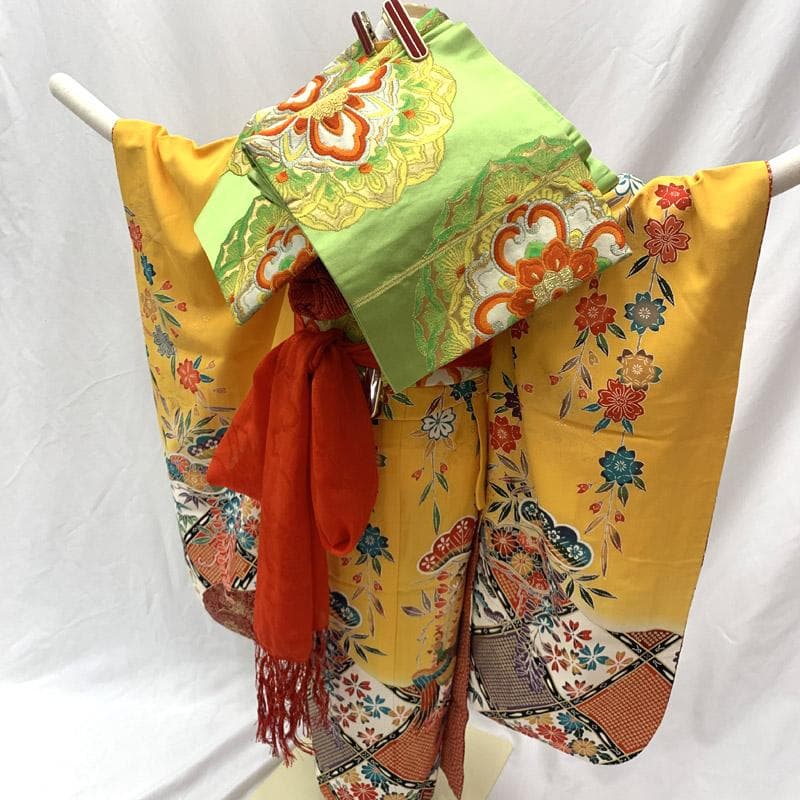 503ag93■七五三 七歳 女児 着物&六通袋帯&長襦袢 鳳凰 金彩■状態良好