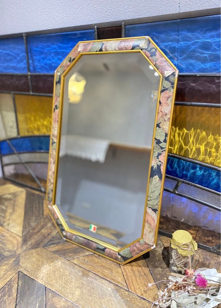 イタリア製 八角形 面取 壁掛けミラー 鏡 アンティーク インテリア 風水