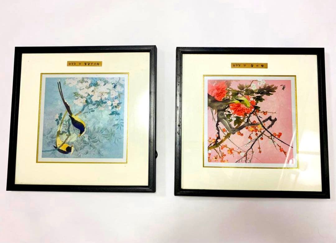 絵　個人収藏品 桜に三光鳥 梅に鶯 2枚セット 30cmx30cm