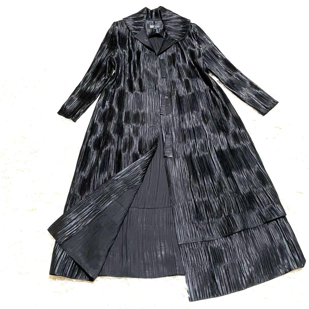 総ジャバラ プリーツ ショールカラー コート マキシ丈 大きいサイズ 黒