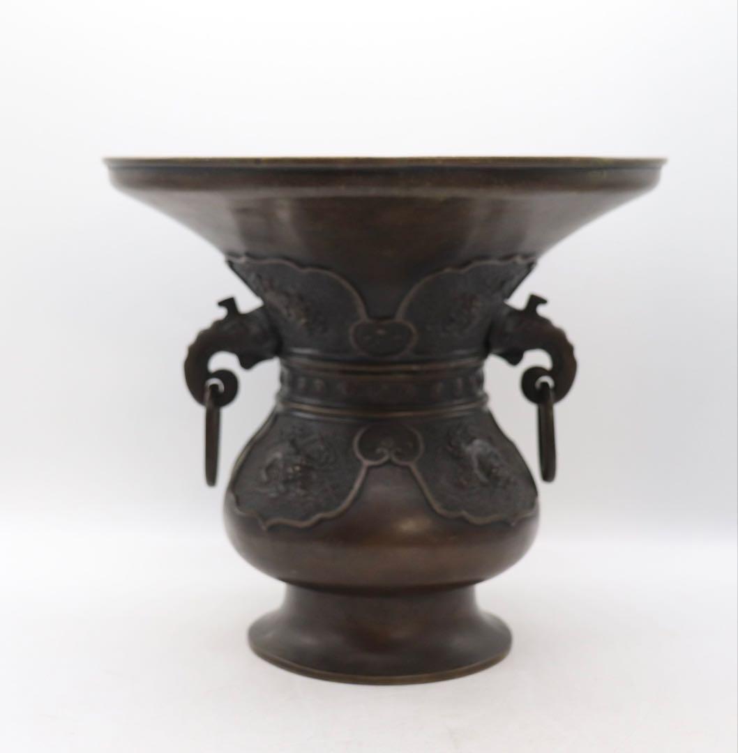 唐銅　大日本文政年整珉鋳　象耳獅子彫　花器　4.4kg 送料込み0131