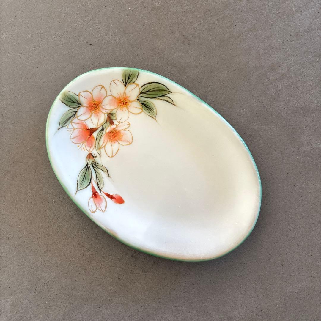 《ほぼ新品》美品【陶葊】京焼　清水焼　白掛彩草花　色絵付け　皿　桜　陶あん