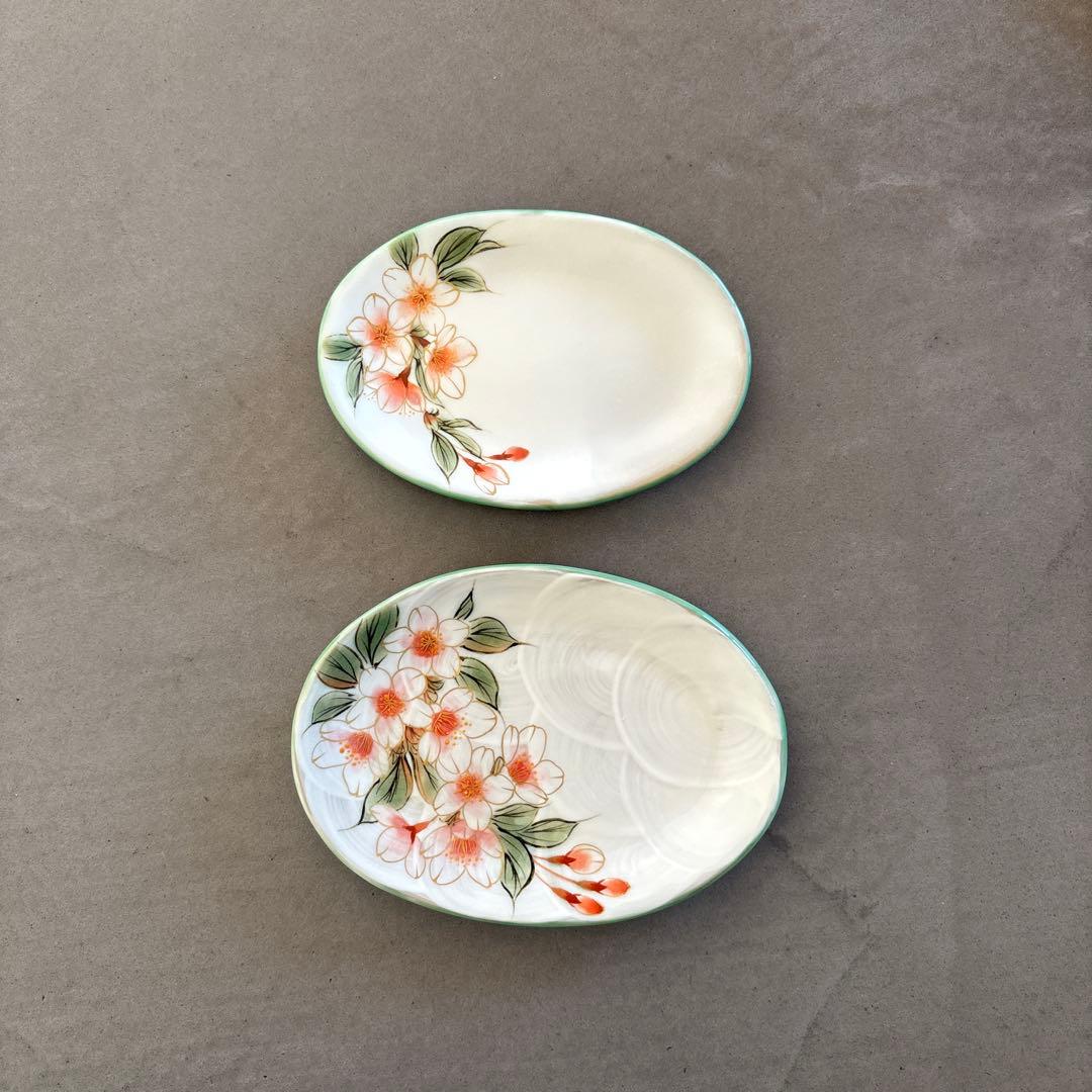 《ほぼ新品》美品【陶葊】京焼　清水焼　白掛彩草花　色絵付け　皿　桜　陶あん