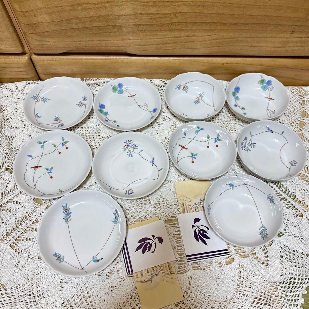 09 未使用　香蘭社　小鳥の詩　中皿5個セットと小鉢5個セット　ケーキ皿　食器