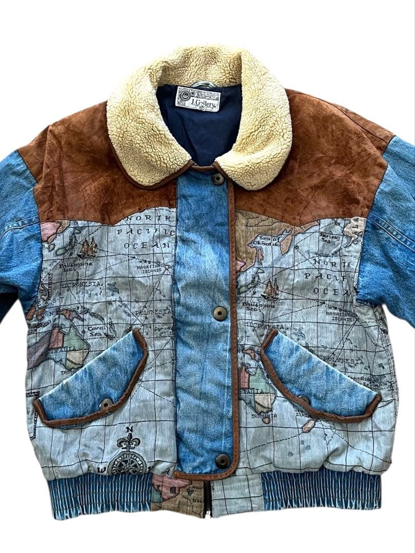 90's J Galleryジェイギャラリー襟ボアデニム地図柄ジャケットM