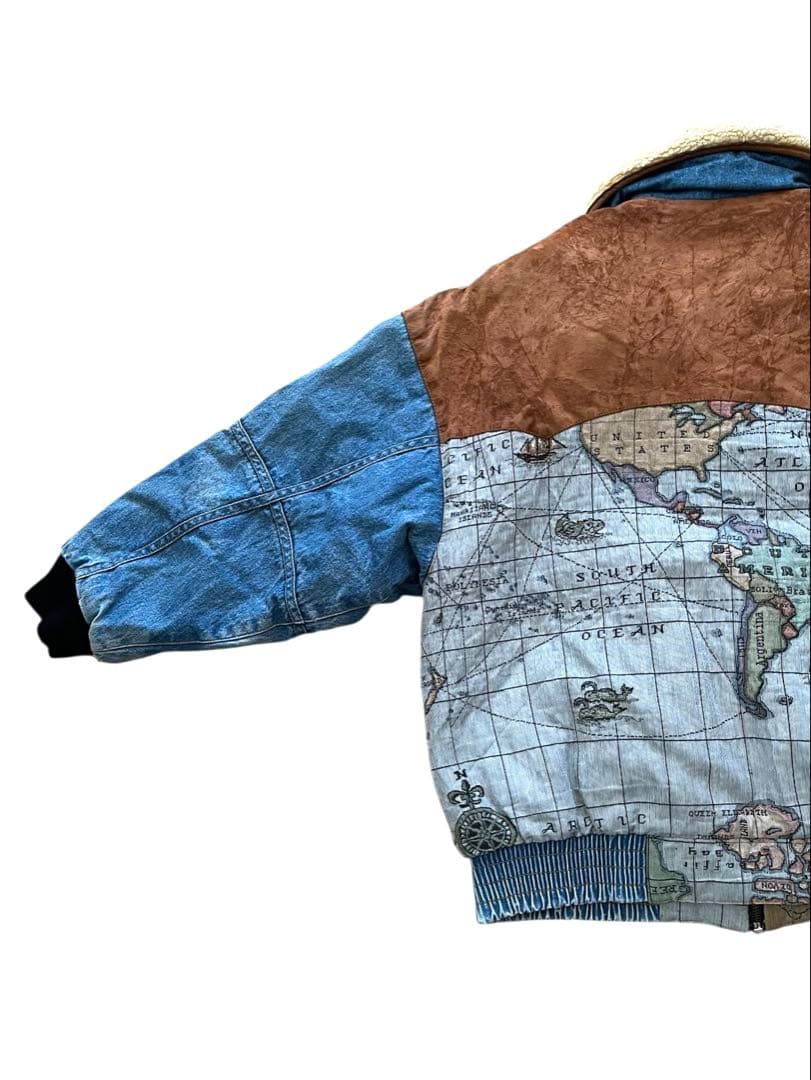 90's J Galleryジェイギャラリー襟ボアデニム地図柄ジャケットM