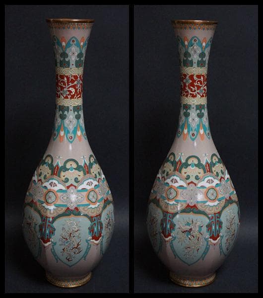 明治期 尾張七宝 銀線象嵌『龍鳳唐草紋』大型飾壺(一対) 面取花瓶