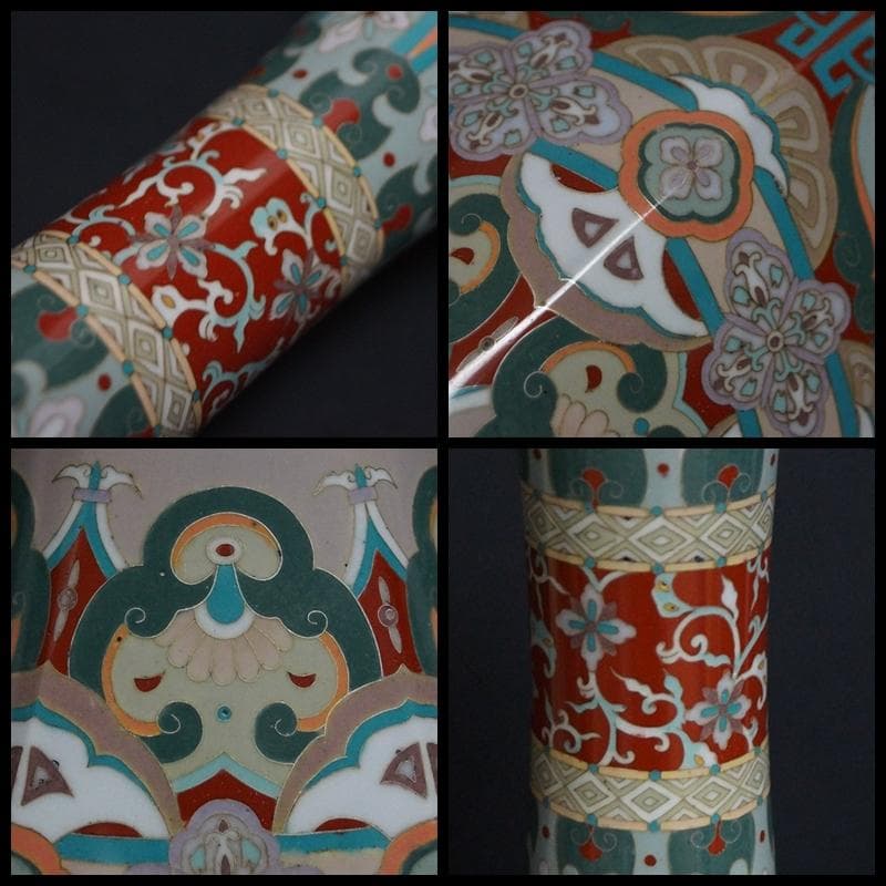 明治期 尾張七宝 銀線象嵌『龍鳳唐草紋』大型飾壺(一対) 面取花瓶