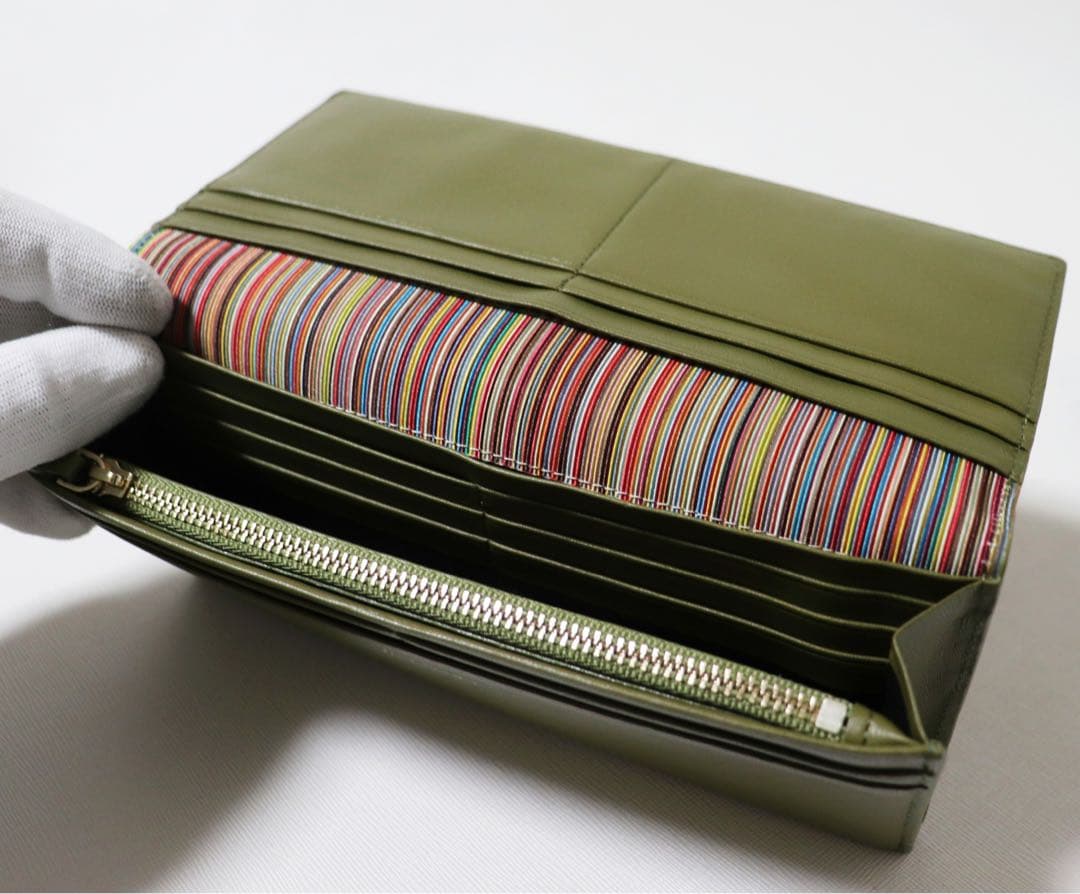 《ポールスミス》箱付新品 マルチストライプトリムインサイド レザーかぶせ式長財布