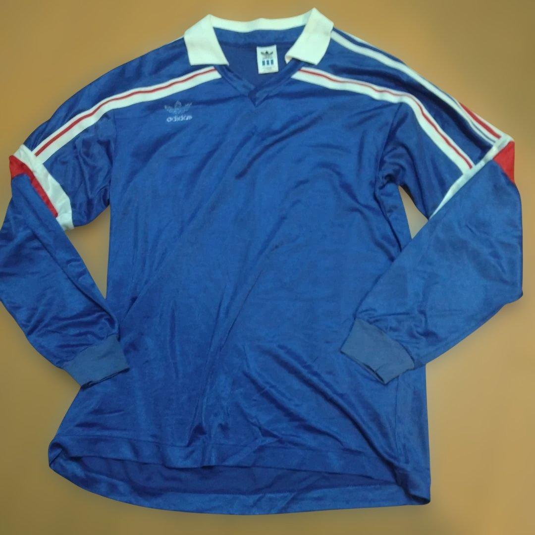 adidas トリコロール長袖シャツ 青