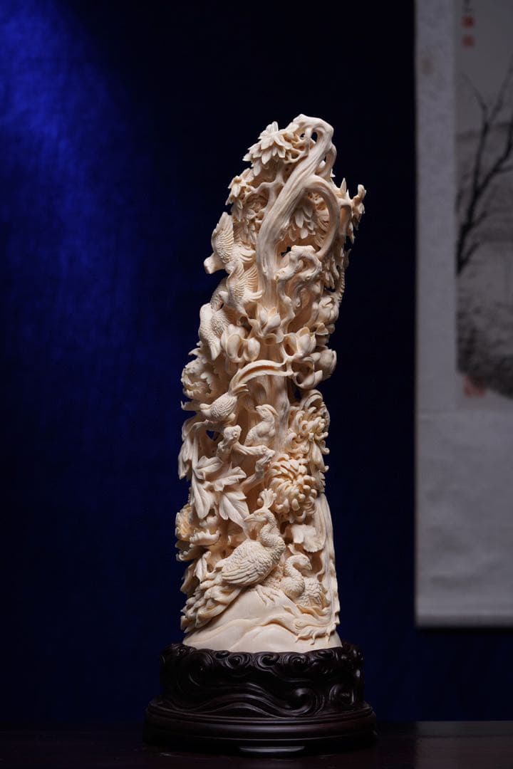 天然マンモス牙美しい手作り彫刻百鳥朝鳳 置物