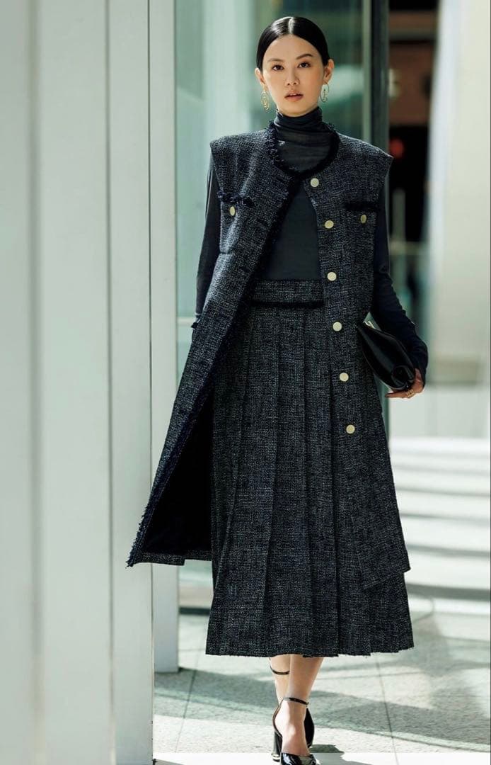 ebure エブール フリンジツイードスカート ネイビー38