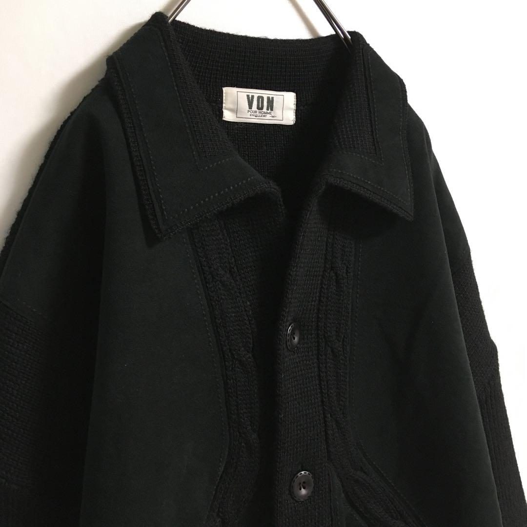 90s〜00s 古着 オープンカラー 襟付きウールカーディガン 異素材切替 黒