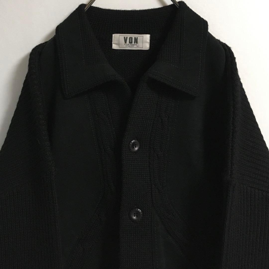 90s〜00s 古着 オープンカラー 襟付きウールカーディガン 異素材切替 黒