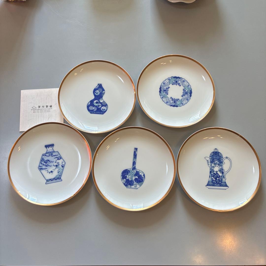【極美品】深川製磁 ブルーチャイナ 銘々皿 5枚セット 金彩 16cm プレート