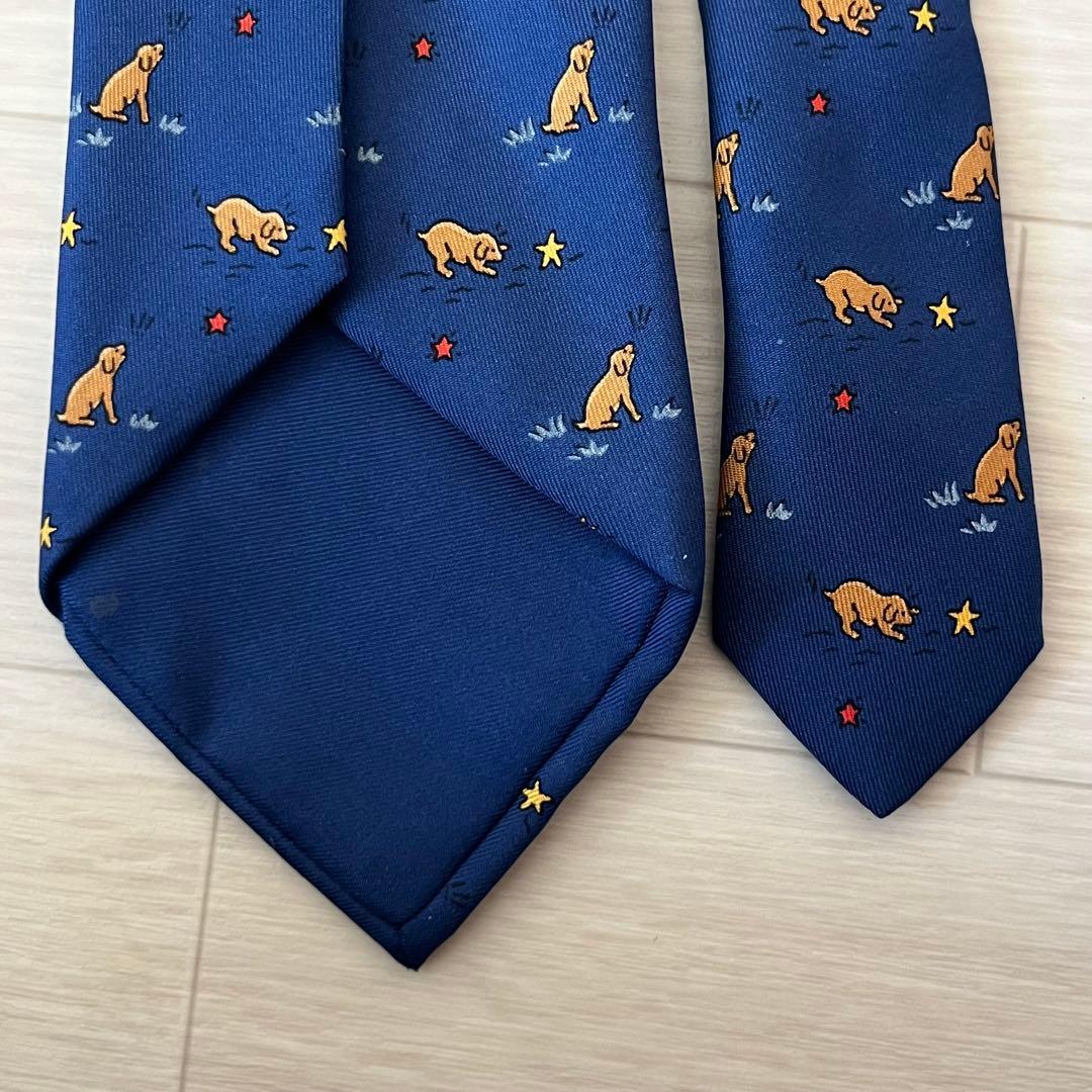エルメス HERMES ネクタイ シルク100% ネイビー 犬 星 総柄 動物柄