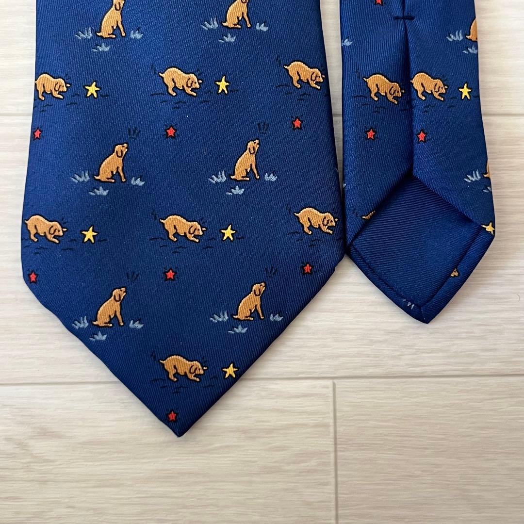 エルメス HERMES ネクタイ シルク100% ネイビー 犬 星 総柄 動物柄