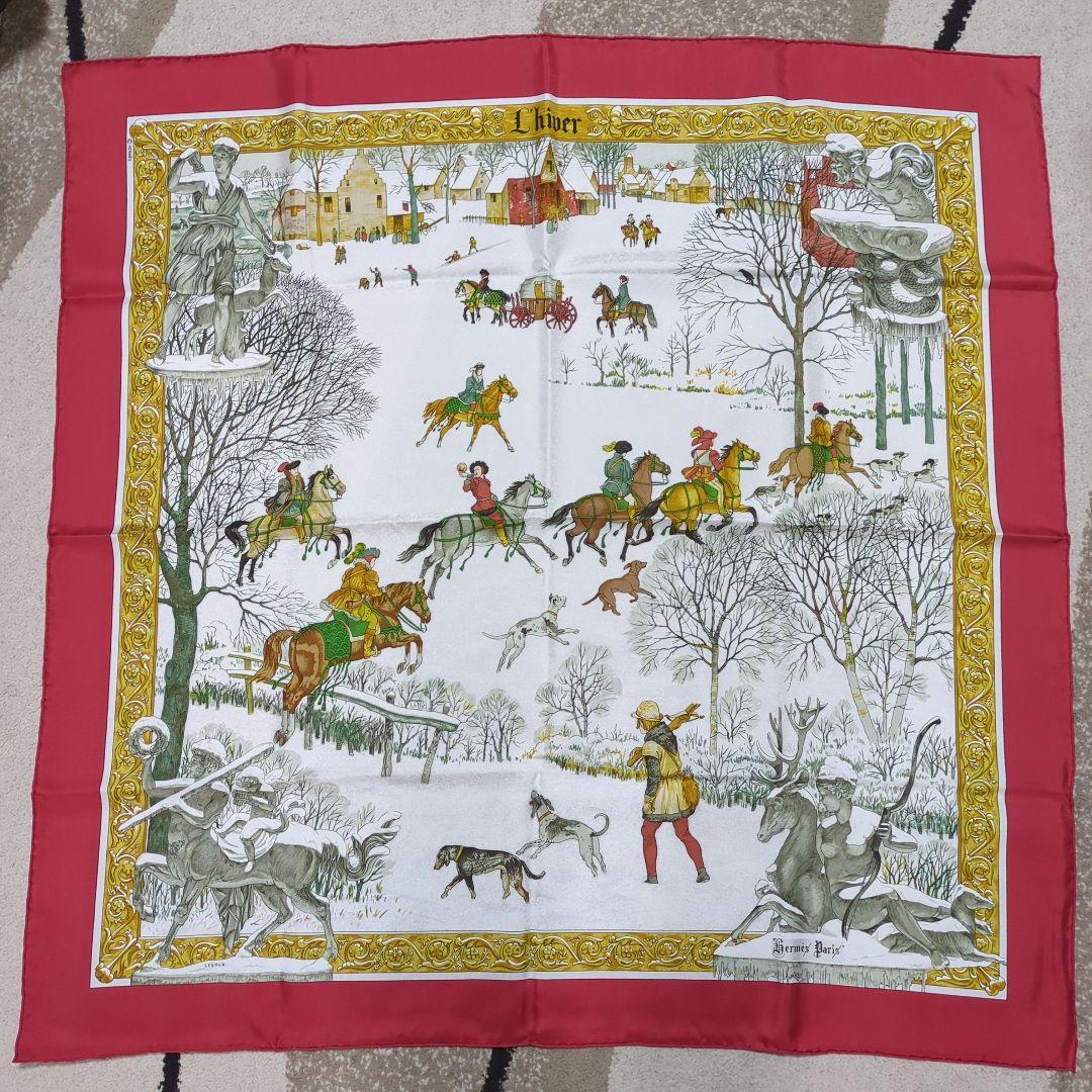あ*き様 Hermès L'hiver 赤 シルク スカーフ