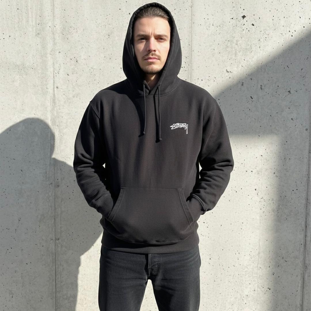 stussy 両面プリント プルオーバー パーカー XLサイズ　ブラック