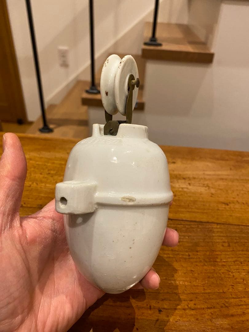 ⑦アンティーク　陶器　ペンダントライト滑車　バランサー　昇降機　照明器具