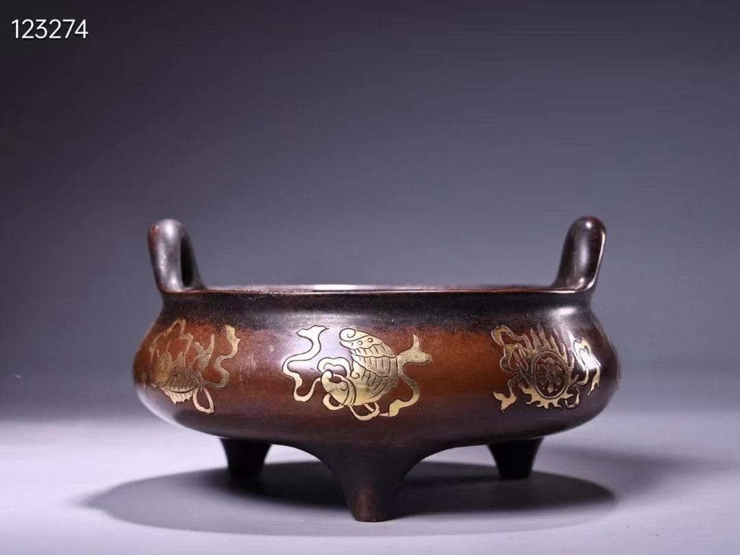 珍品旧蔵収純銅高レリーフ錾刻鎏金吉祥八宝香炉·老紅木箱付き・文房具·置物·稀少品