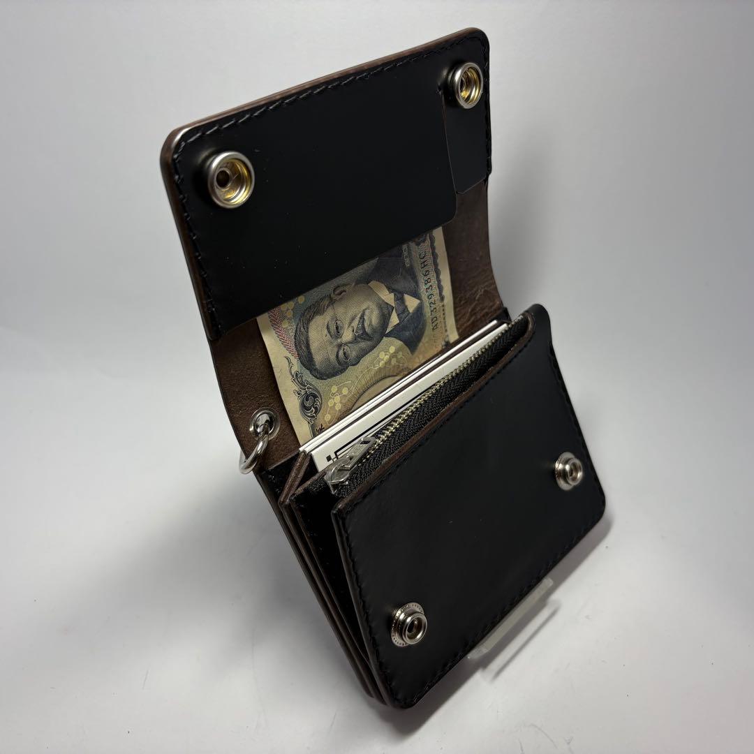 【本革】トラッカーウォレット　ショート　姫路レザー　茶心　ブラック　二つ折り財布