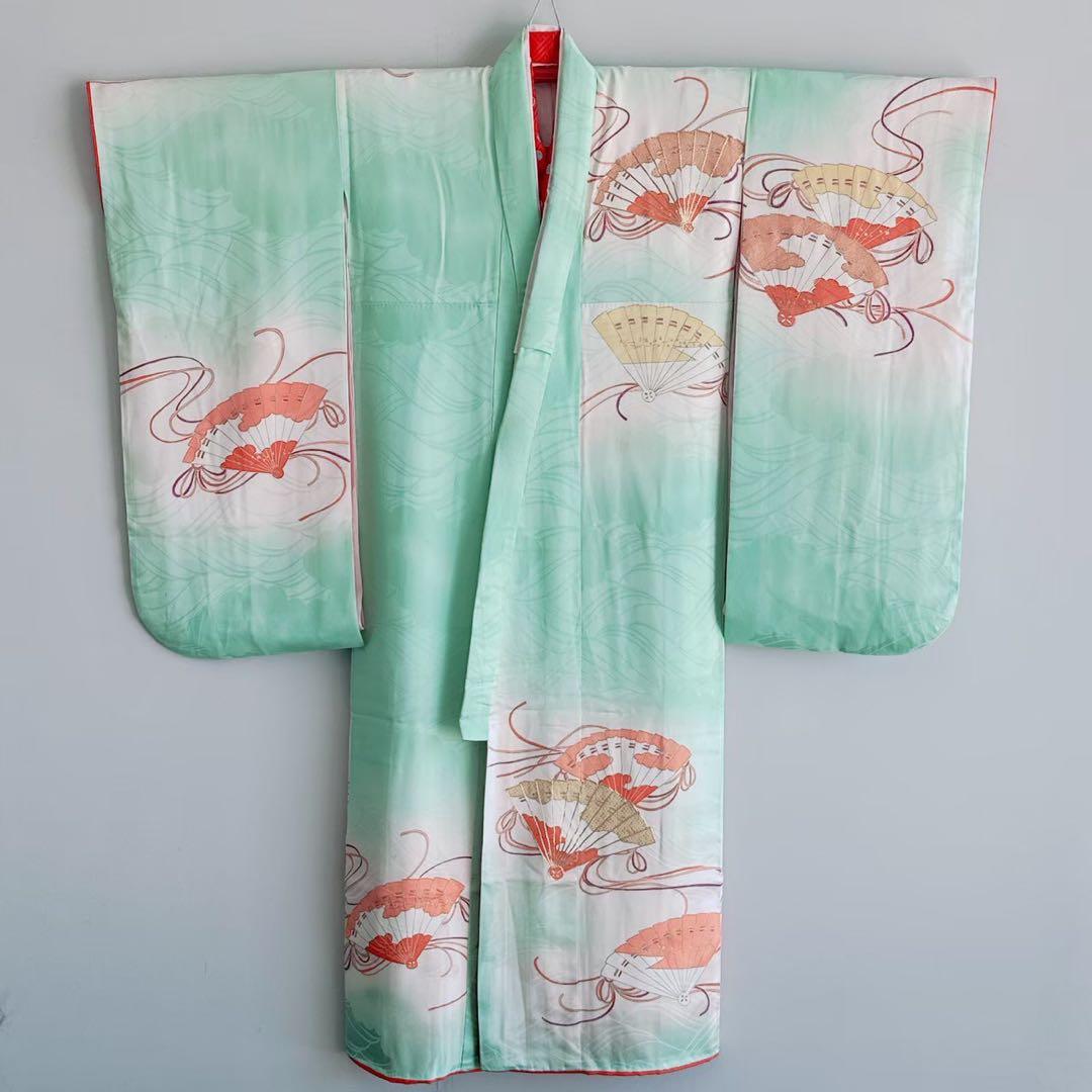 フルセット　七五三　７歳女の子　若草色　扇金糸　黒袋帯のし　半衿付長襦袢7075