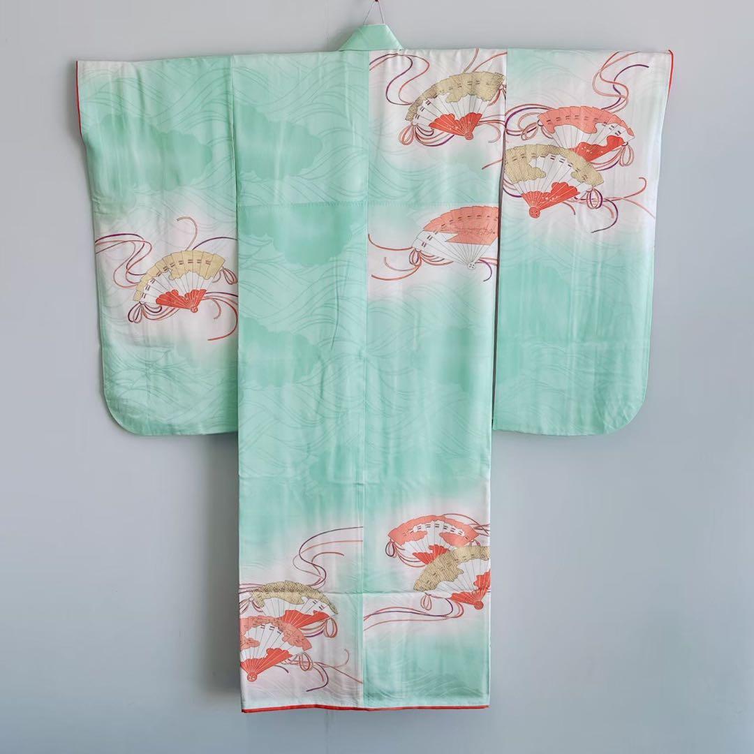 フルセット　七五三　７歳女の子　若草色　扇金糸　黒袋帯のし　半衿付長襦袢7075