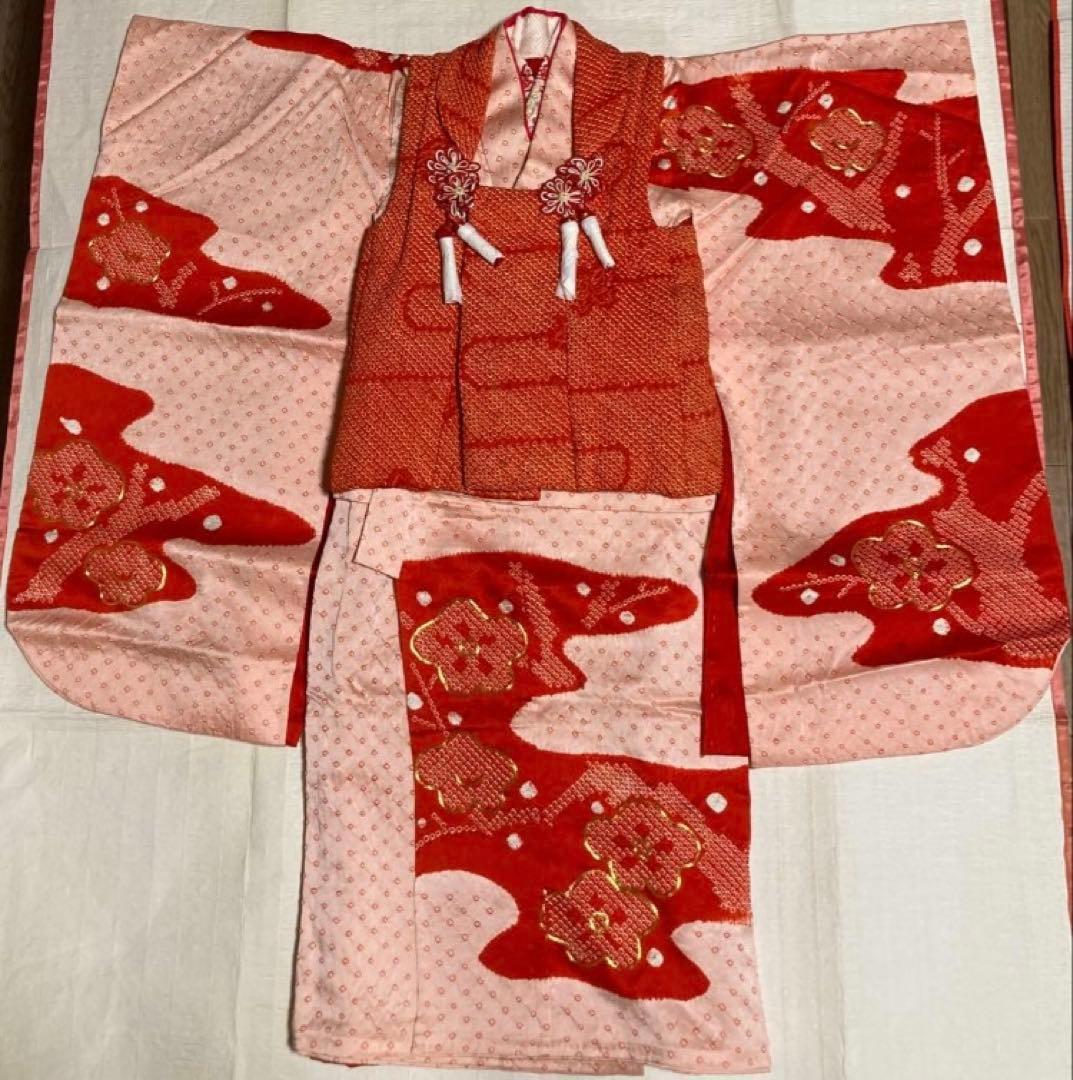 超豪華　七五三着物フルセット　着物被布長襦袢半襟付総絞り染め分け金糸3歳着物