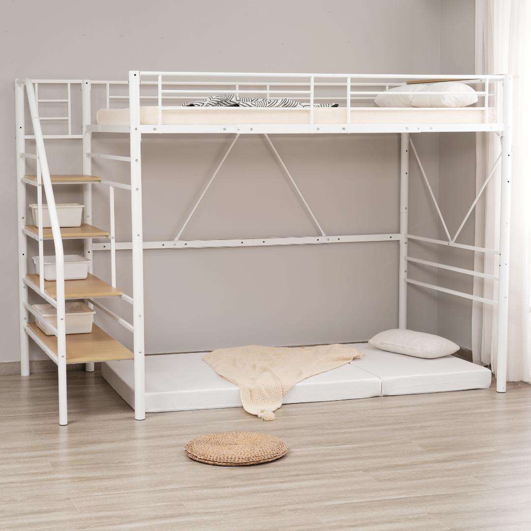 ロフトベッド 階段付き S パイプベッド シングル コンセント付き 収納 耐震